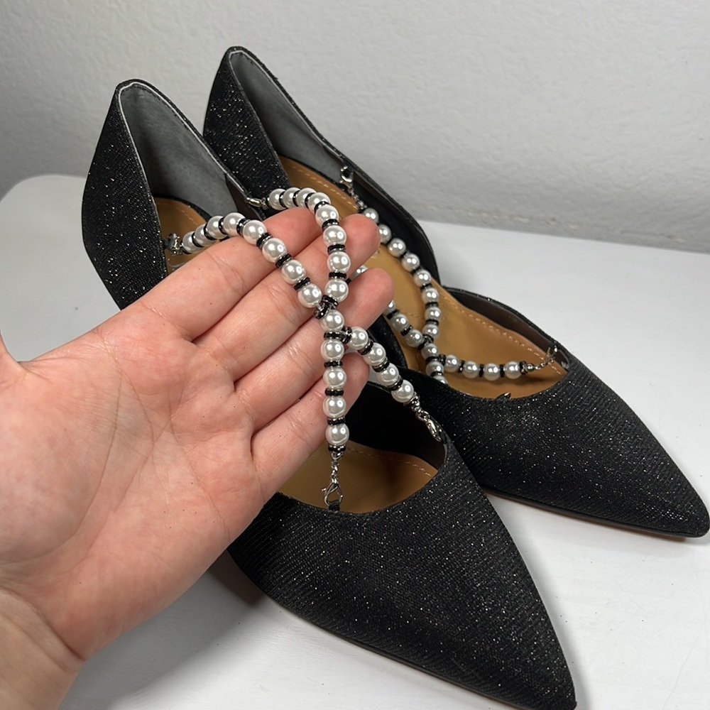 J. Renee black heels with removable pearl and black bead front cross straps 8M - Picture 14 of 16